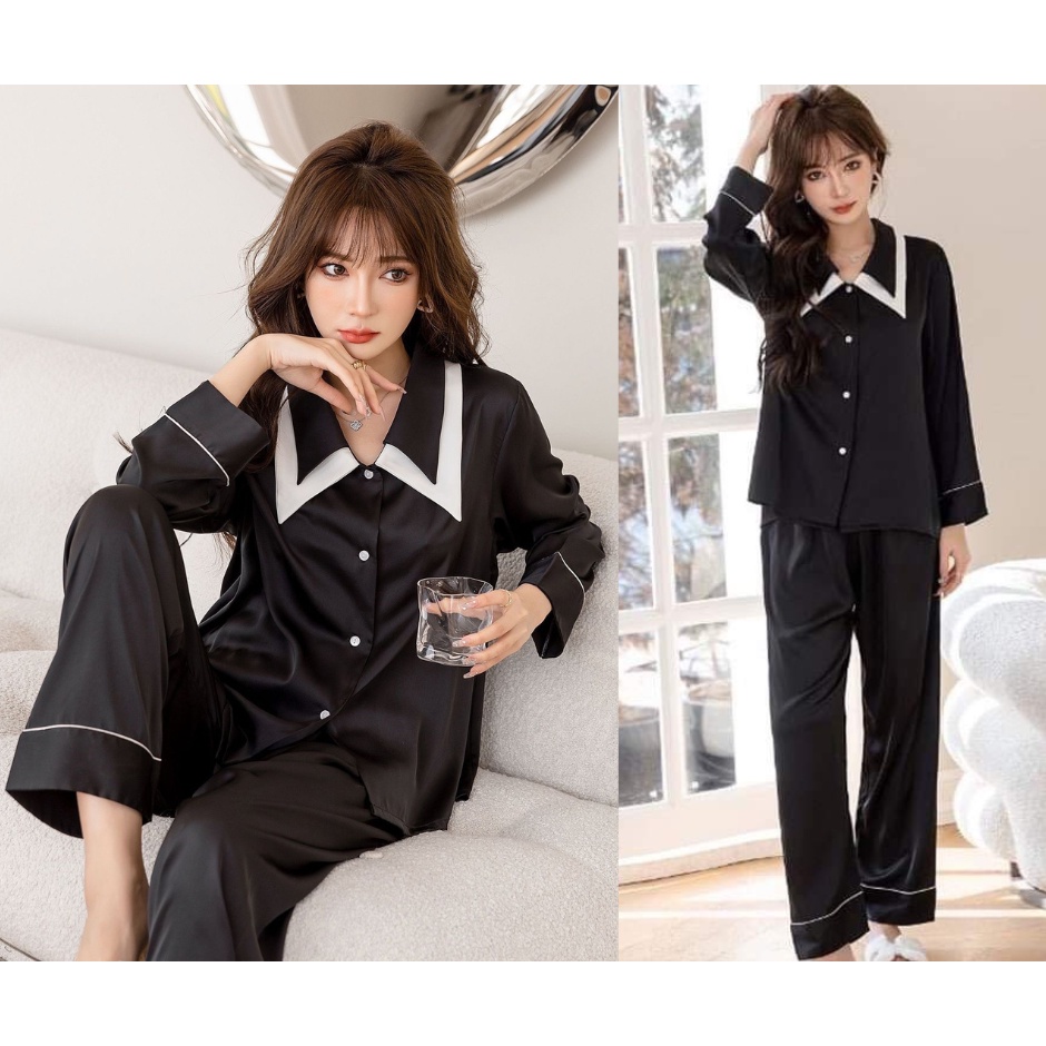 Bộ ngủ lụa quần dài áo cộc, Bộ ngủ pizama cao cấp, chất lụa mềm mại thoải mái BN004