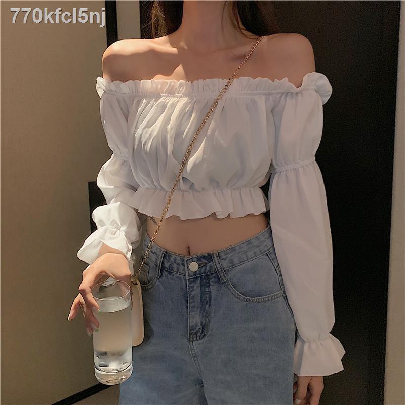 Áo blouse◈❧Mùa xuân và hè 2020 Thiết kế vai chính từ mới nằm gần các sinh viên nữ cao eo rốn bong bóng tay áo