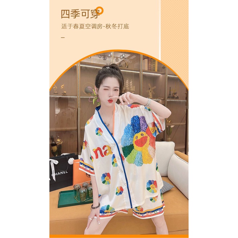 Bộ Đồ Ngủ Ngắn Tay Họa Tiết Hoa Hướng Dương Thời Trang Mùa Hè Cho Nữ