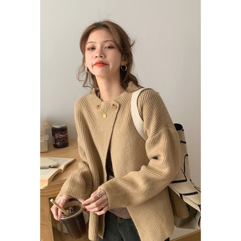 Áo len cadigan cổ tròn cúc cổ cá tính ulzzang - Có ảnh thật