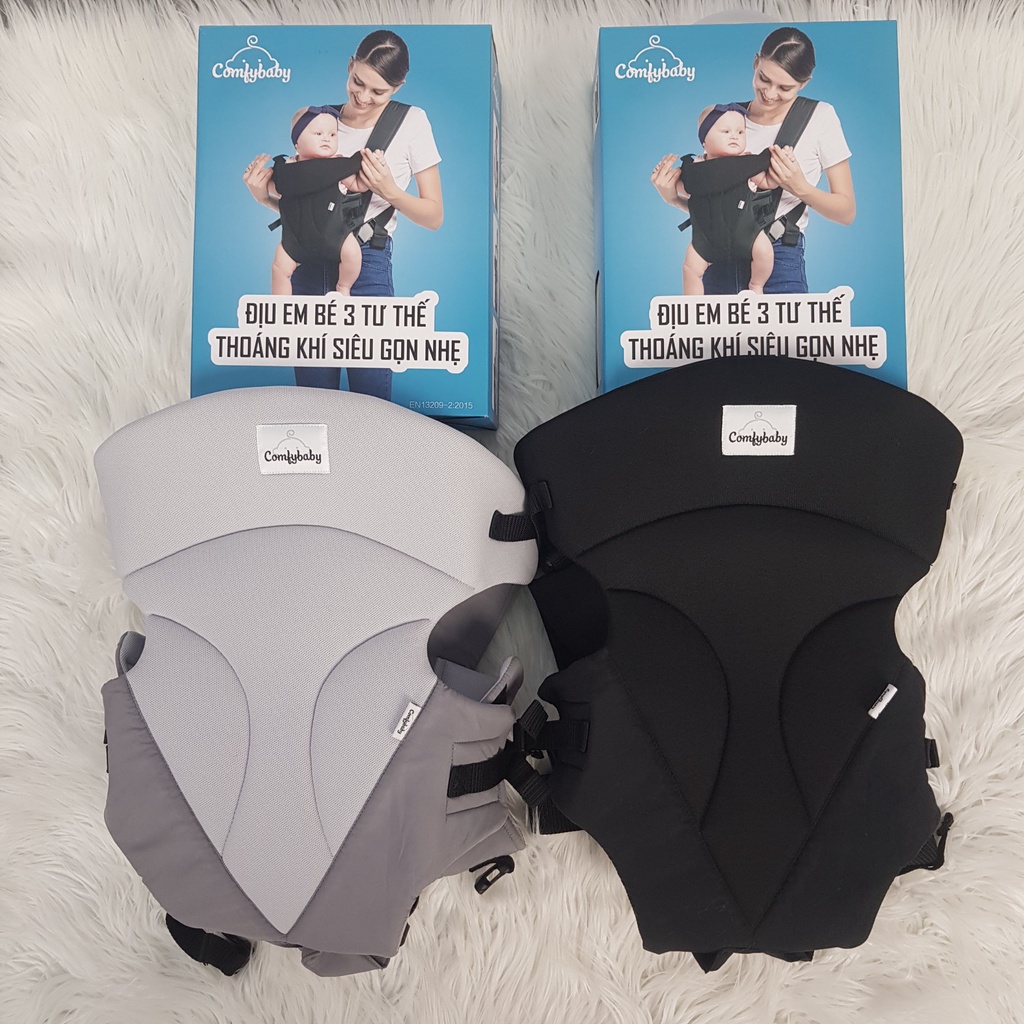 Địu em bé 3 tư thế có đỡ cổ sơ sinh - THOÁNG KHÍ-CHỐNG GÙ cho bé ComfyBaby CF-BK010 siêu gọn nhẹ - bảo hành 12 tháng