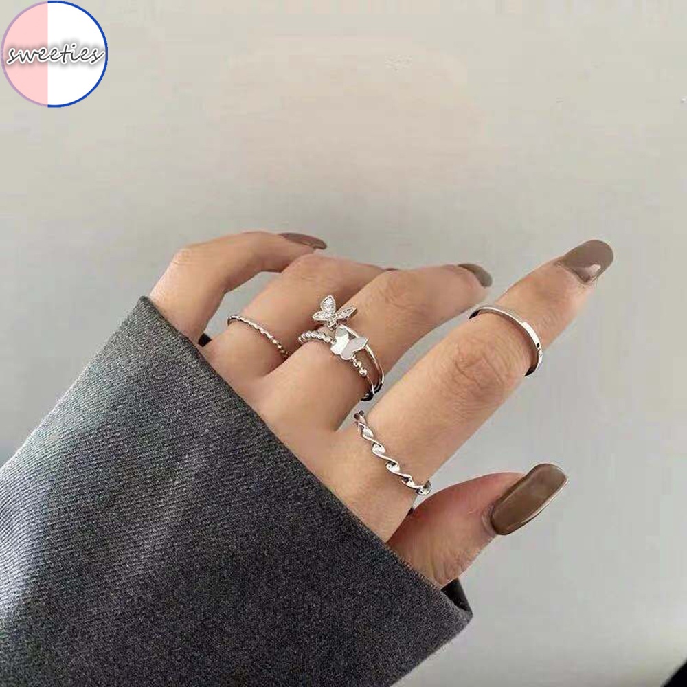 4 nhẫn bạc 925 hình bướm đơn giản phong cách punk sử dụng cho nữ