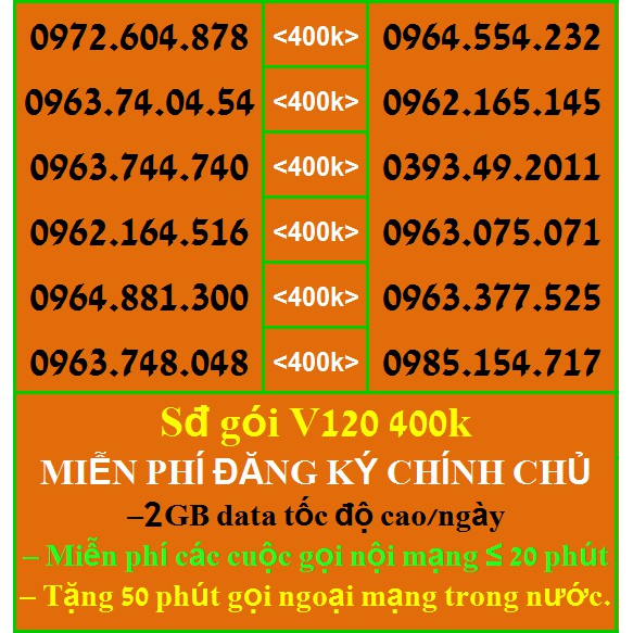 Sim Đẹp Viettel GIÁ 400k GÓI khủng V120 Miễn phí GỌI + Data tốc độ cao HỖ TRỢ ĐĂNG KÝ CHÍNH CHỦ ( xem chi tiết Sp)