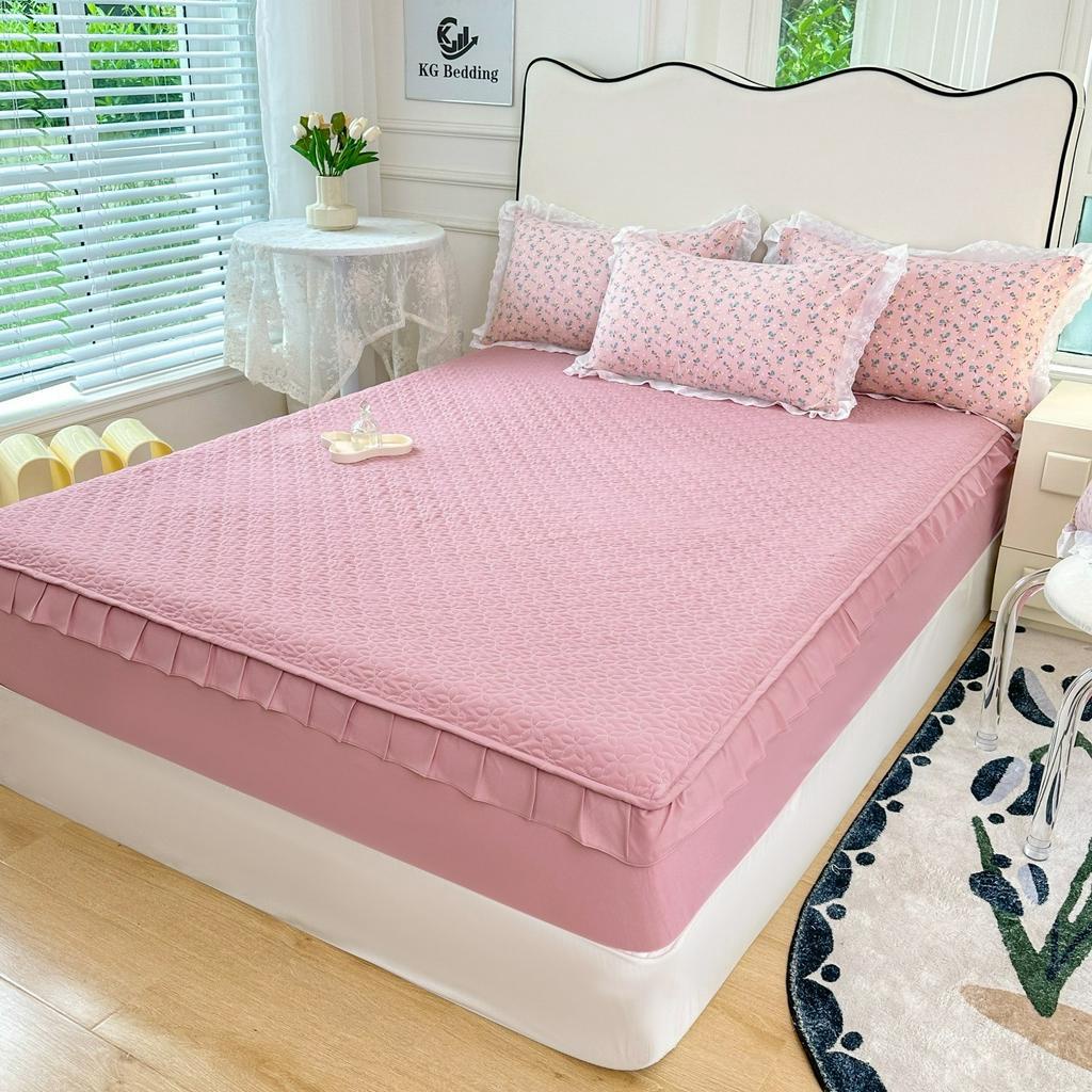 Bộ chăn ga chất liệu cotton đũi mềm mại nhập khẩu, set 5 món bo chun viền bèo chăn ga họa tiết Vintage xinh xắn