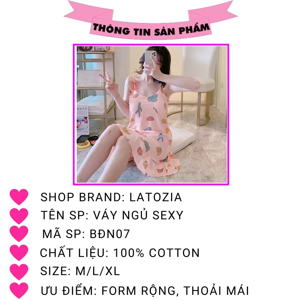 Váy ngủ hai dây sexy mặc nhà, đầm ngủ thun cotton hoạt hình mềm mịn có đệm ngực dễ thương, thoáng mát Latozia BĐN07