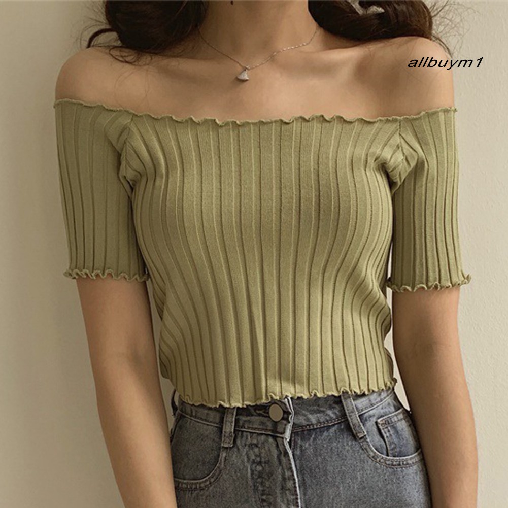 Áo Croptop Dệt Kim Trễ Vai Màu Trơn Cho Nữ