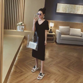 Váy suông basic cổ tym dáng dài chất cotton(2 màu đen-xám)