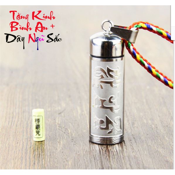 (Tặng kinh bình an) Mặt Dây chuyền inox hình trụ rỗng đựng kính chú có ron chống thấm nước + dây ngũ sắc may mắn