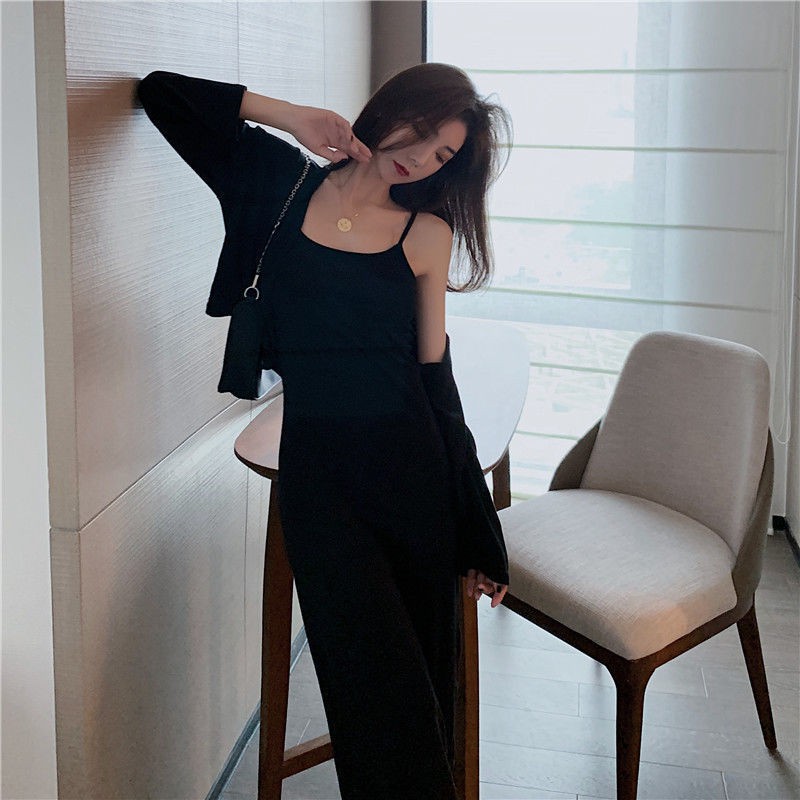 Bộ đầm hai dây có áo khoác tay dài kiểu dáng ôm eo phong cách phương tây thời trang mùa thu