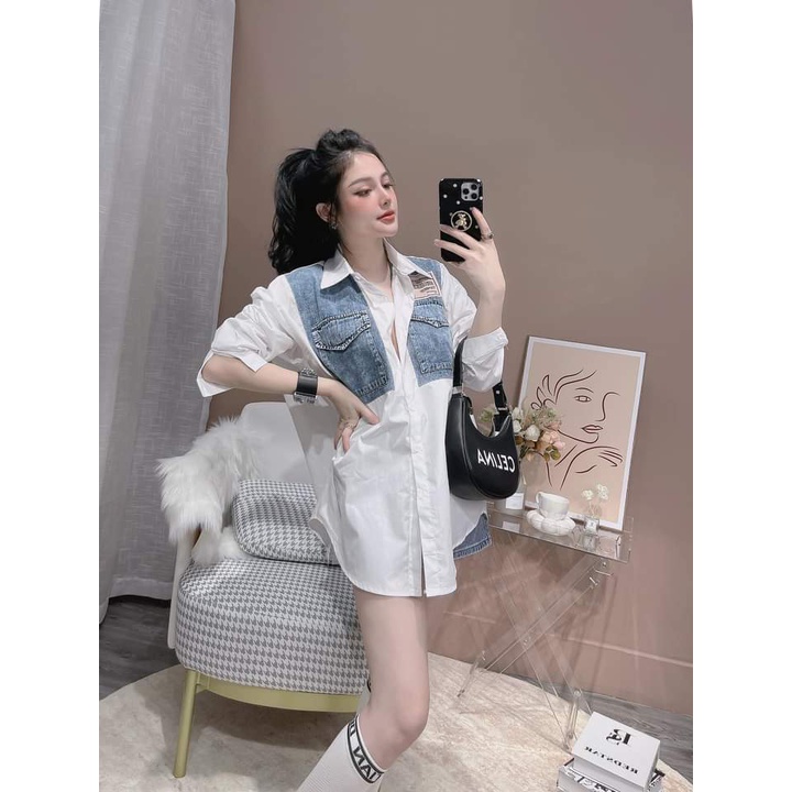 Áo sơ mi kiểu nữ phối jeans form rộng Bigsize giấu quần cá tính Ullzang UVY88