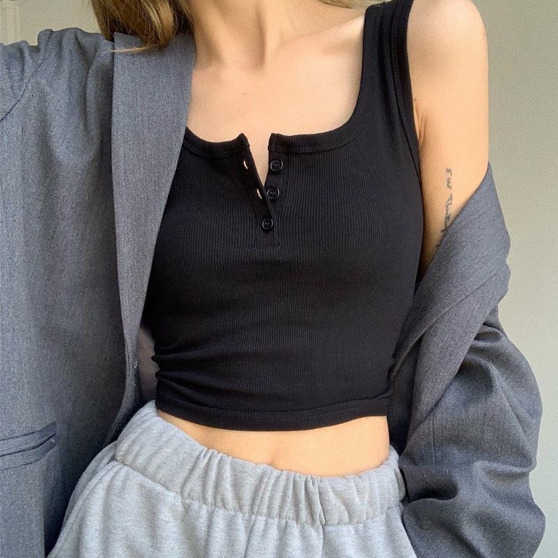 Áo thun không tay có nút màu trơn thời trang sành điệu dành cho nữ 3XL