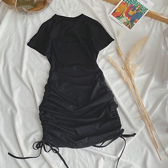 Váy body thun cộc tay khoét ngực, đầm body dây rút bên hông chất cotton
