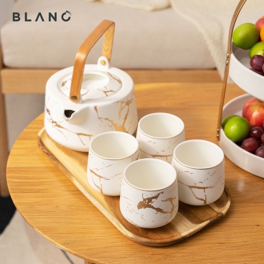 Bộ Ấm Trà Sứ 4 Tách Ciara Kèm Khay Gỗ BLANC'