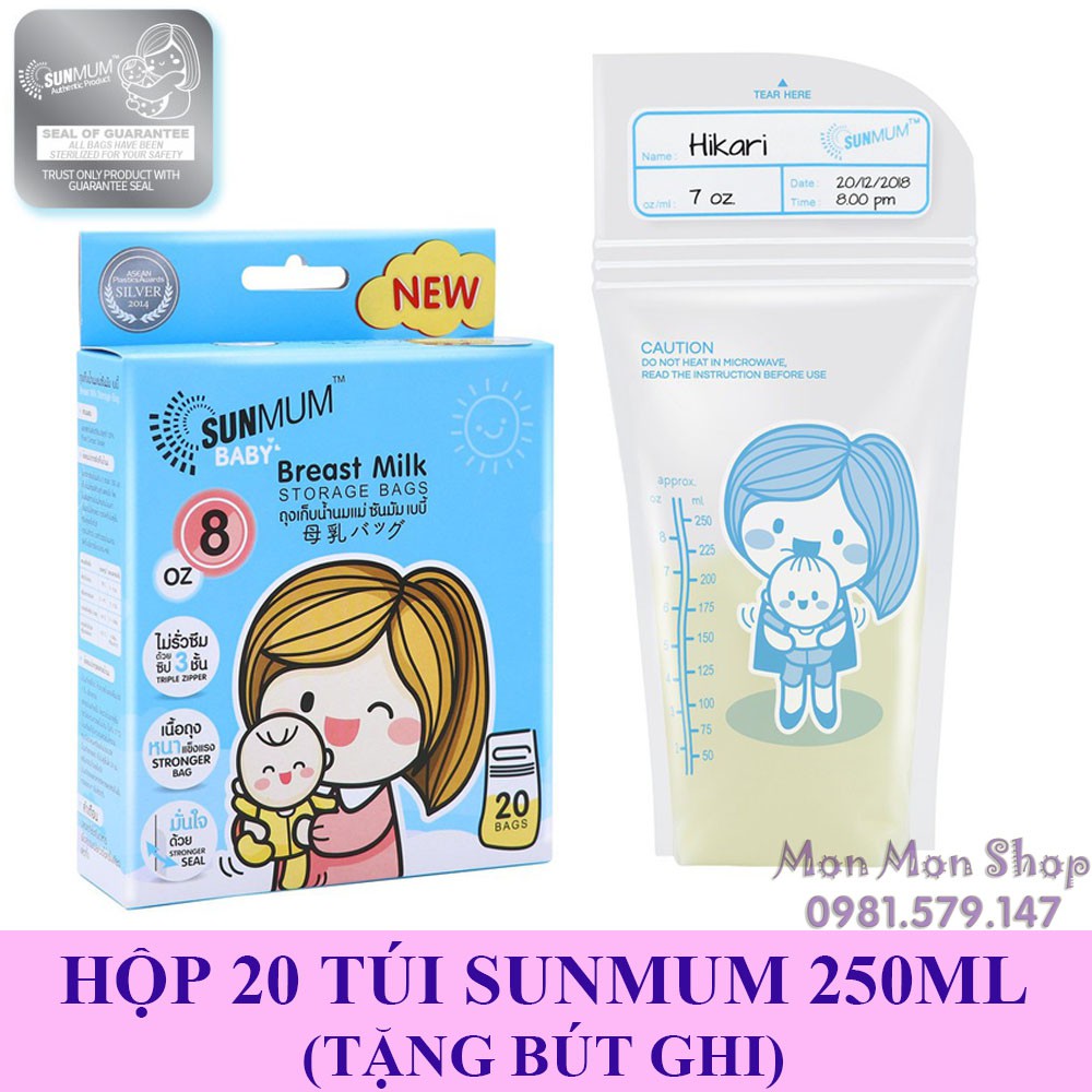 (Hộp nguyên seal) Túi trữ sữa mẹ Sunmum Thái Lan 250ml (20 túi/hộp) 3 khóa zip an toàn