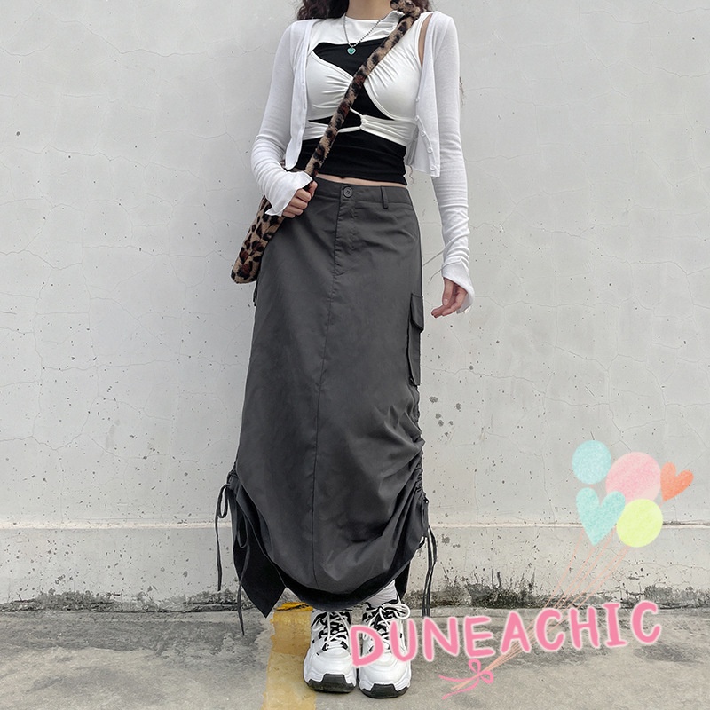 DUNEA Chân Váy Dáng Rộng Màu Trơn Phối Dây Rút Cá Tính Cho Nữ