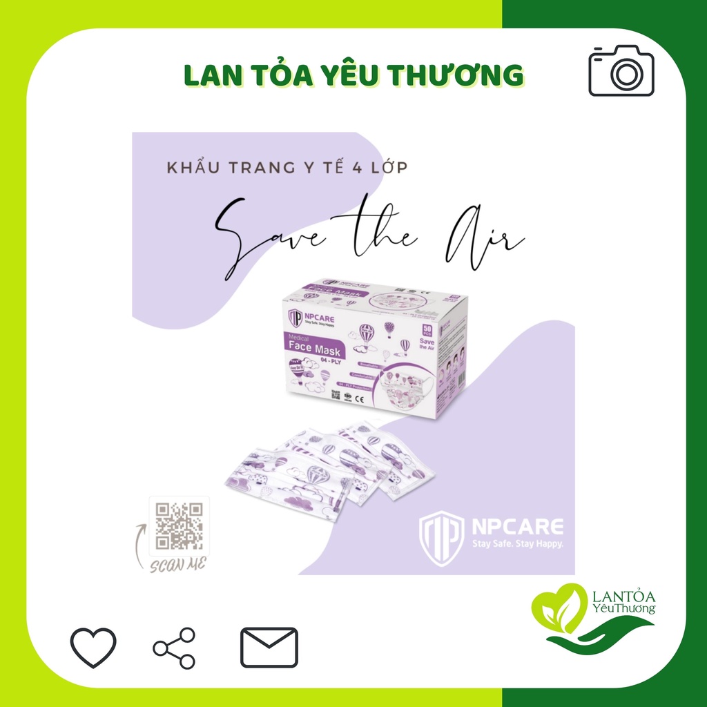 Khẩu trang y tế 4 lớp cao cấp NPCARE hoa anh đào màu tím khinh khí cầu