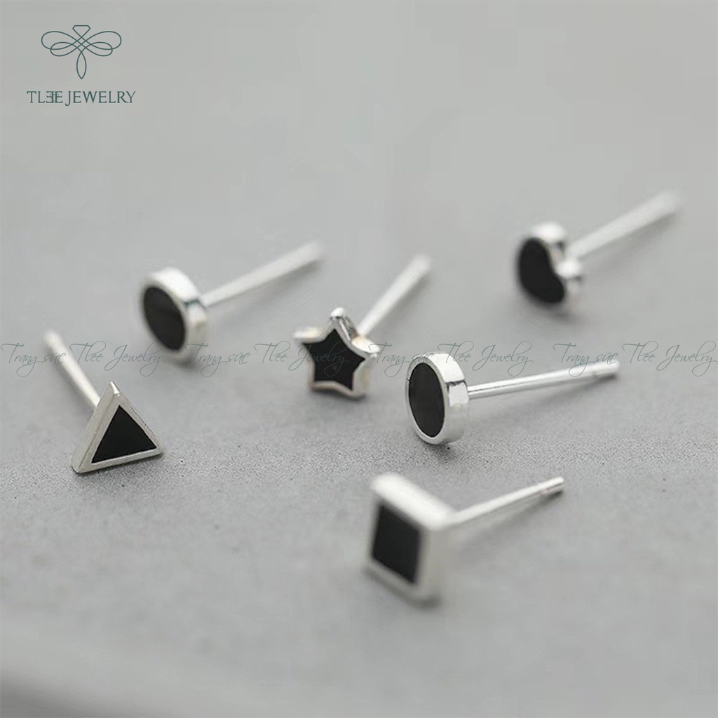Khuyên tai bạc unisex TLEE bông tai hình khối đá đen cá tính NCJ B0181