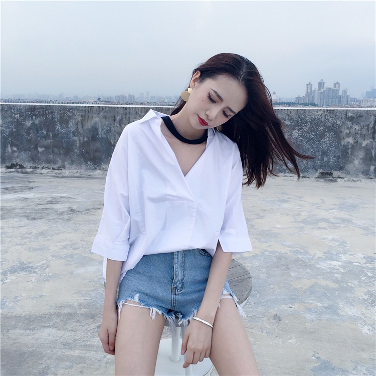 Áo Sơ Mi Trắng Hàn Quốc Cho Nữ❤Áo Sơ Mi Cánh Dơi Phong Cách Hàn Quốc Thanh Lịch Dành Cho Nữ