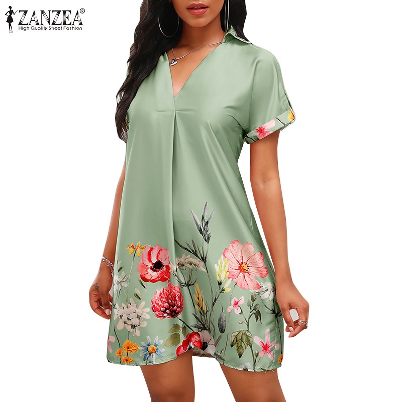 Đầm ngắn ZANZEA cổ chữ V hoạ tiết in bông hoa tinh tế dáng chữ A cổ điển ngọt ngào cho nữ