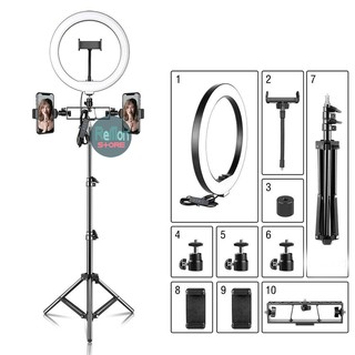 Chân đứng 2M + Đèn Led Ring 26cm/28cm gắn 3 máy quay cùng lúc dùng livestream, quay youtube 3 Chế Độ Sáng