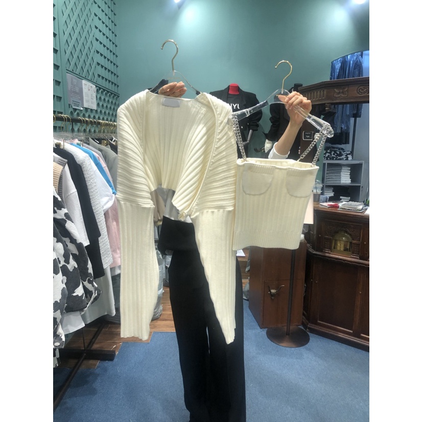 Áo len hai dây nữ, áo khoác cardigan len nữ full set có video ảnh thật