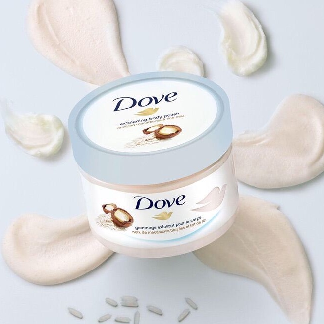 TẨY TẾ BÀO CHẾT DOVE POMEGRANATE SEEEDS &amp; SHEA BUTTER / MACADAMIA RICE MILK EXFOLIATING BODY POLISH