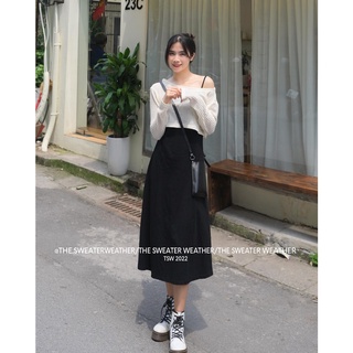 Set đầm midi 2s đen trơn basic kèm khoác crop lưới