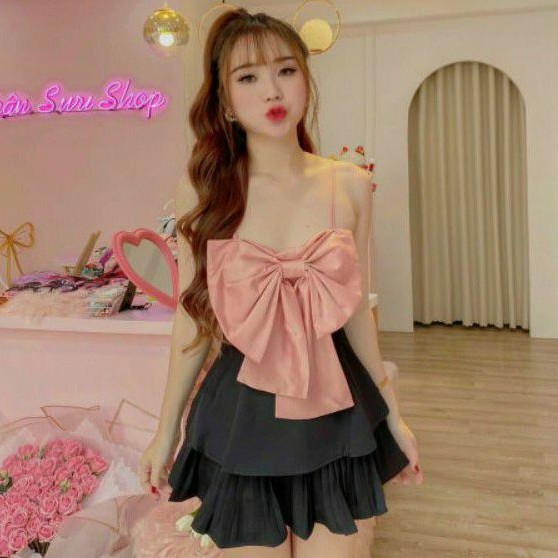 Sét áo 2 dây nơ và chân váy dập ly tầng cao cấp