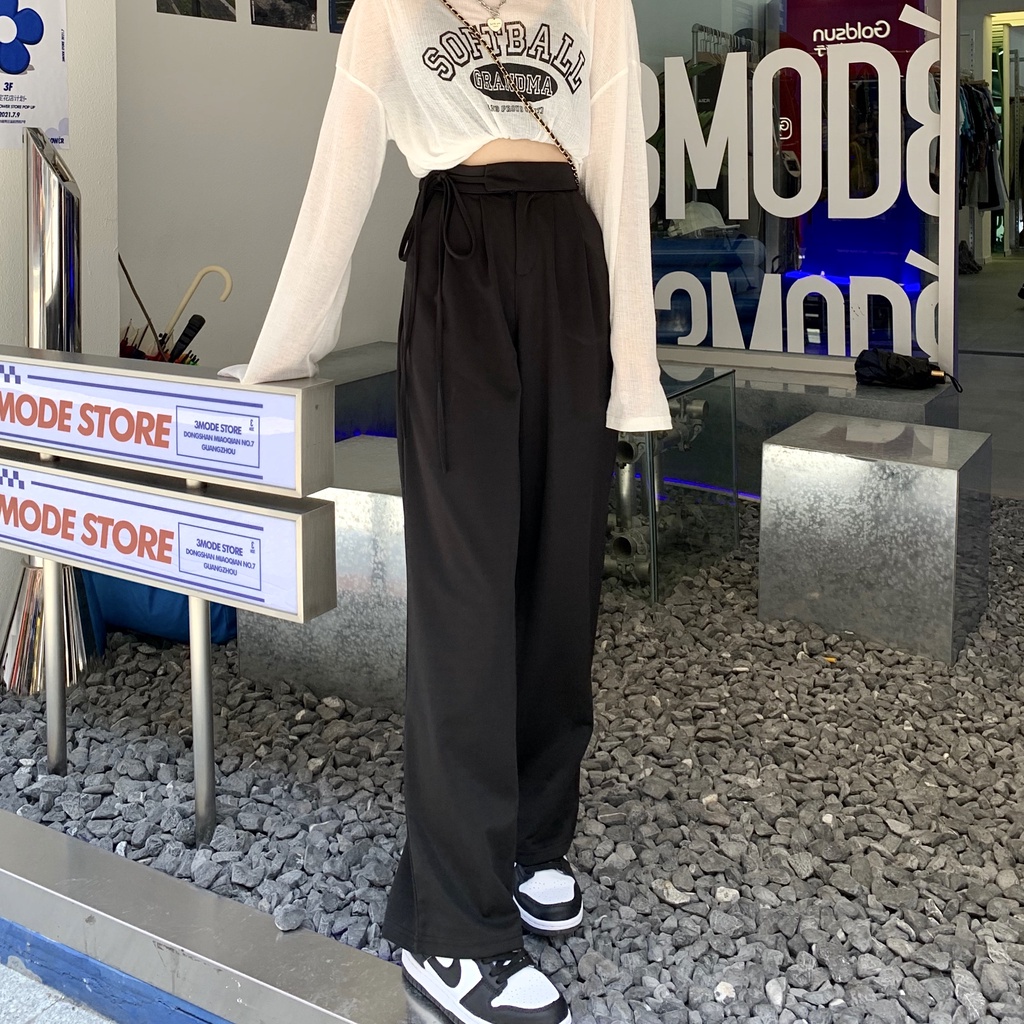 Ethelgirl Quần Dài Ống Rộng Lưng Cao Phong Cách Hàn Quốc Năng Động Thời Trang Cho Nữ