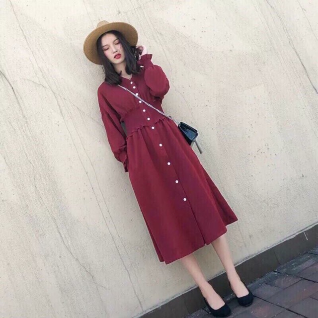 Đầm maxi đỏ bo eo vintage