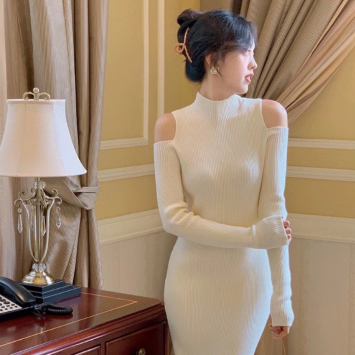 Đầm maxi SUXI dáng chữ A dệt kim trễ vai màu sắc trơn phong cách cổ điển thời trang cho nữ