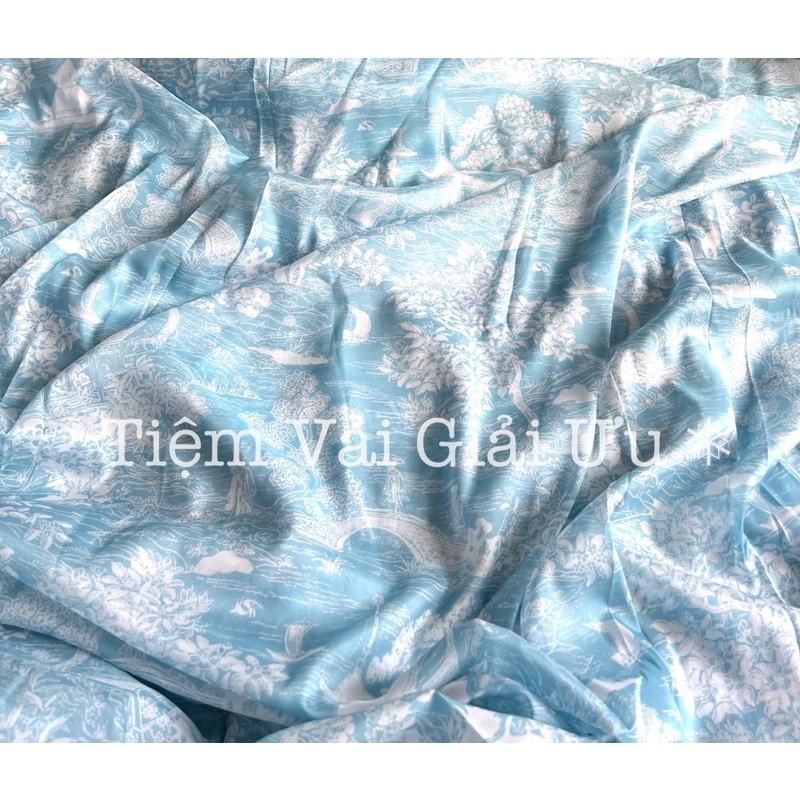 Vải Tơ Óng Xanh Hoạ Tiết - Khổ 1,5m