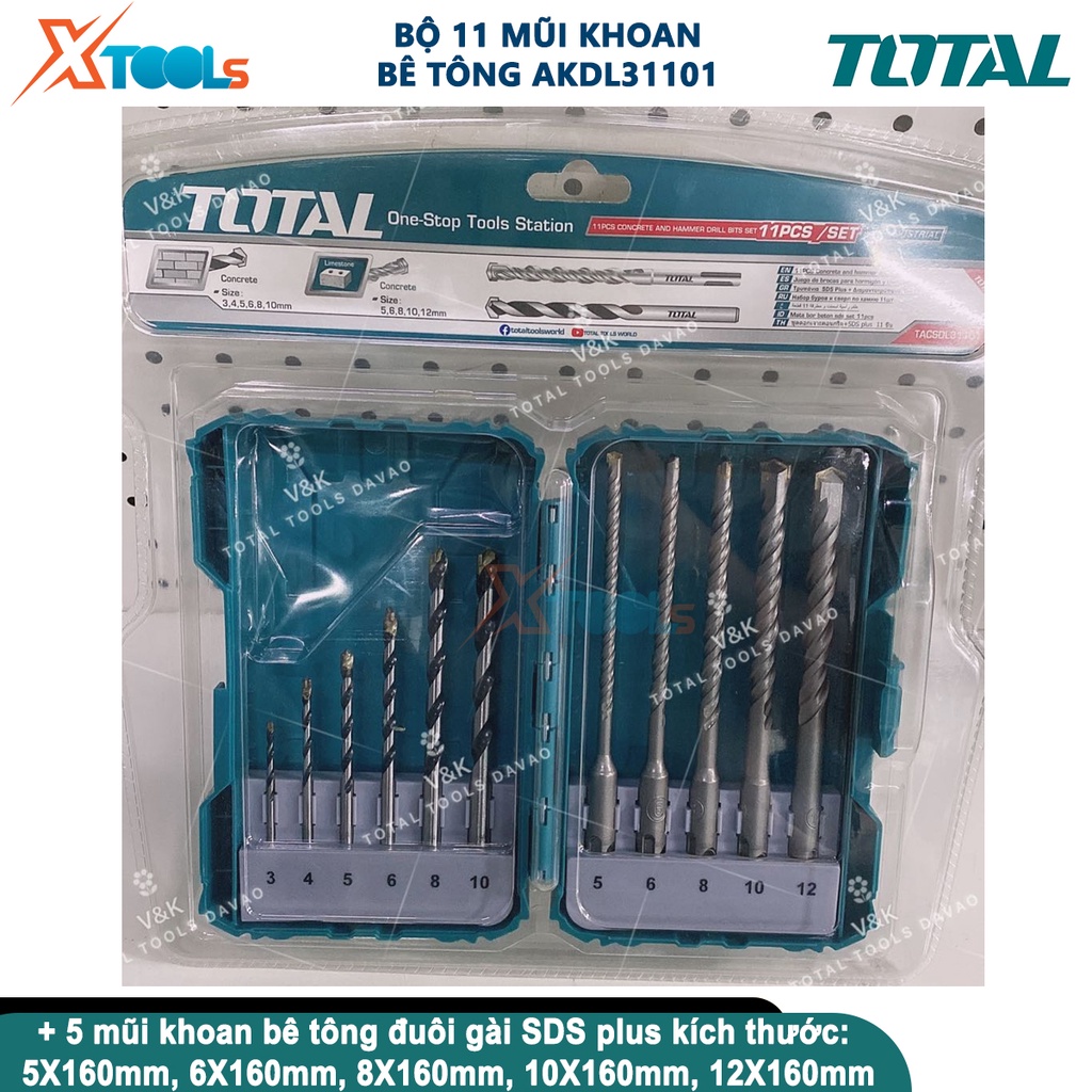 Bộ 11 mũi khoan bê tông đuôi trơn và đuôi gài TOTAL TACSDL31101, bộ 11 mũi khoan kích thước 3 -12mm [CHÍNH HÃNG][XTOOLS]