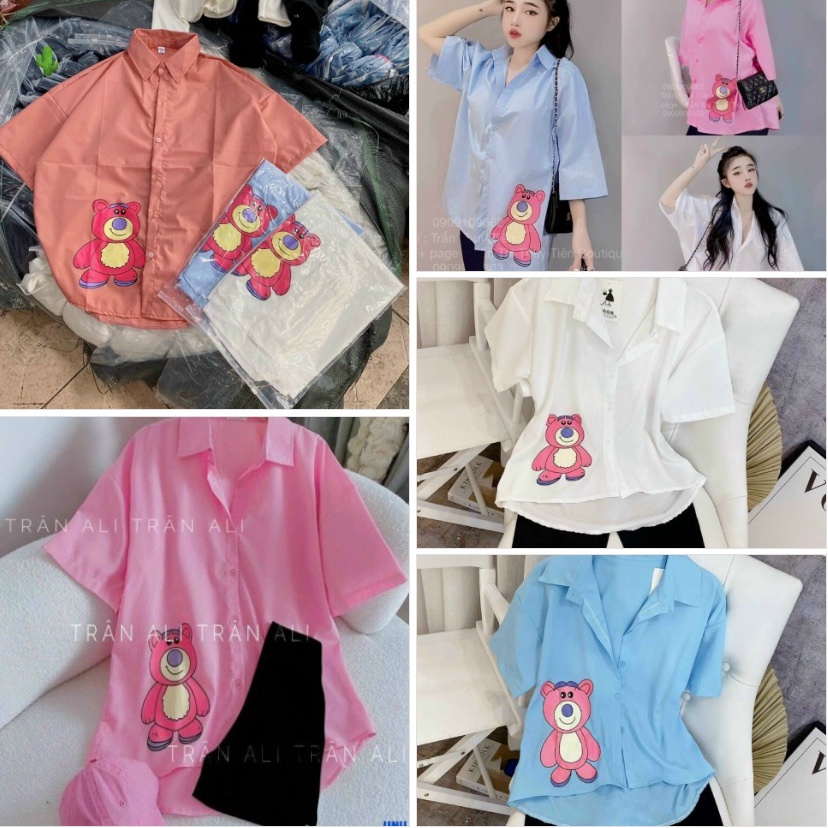 SƠ MI NỮ FORM RỘNG THÊU GẤU HỒNG DỄ THƯƠNG - KÈM HÌNH THẬT