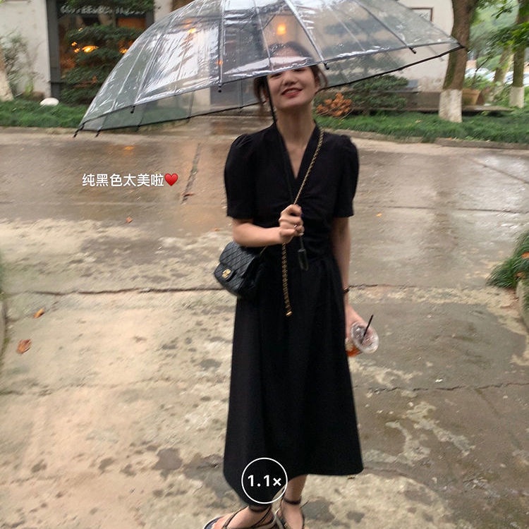 Đầm Tay Phồng Cổ Chữ V Thiết Kế Xếp Ly Phong Cách Retro Pháp Thời Trang Mùa Hè Cho Nữ