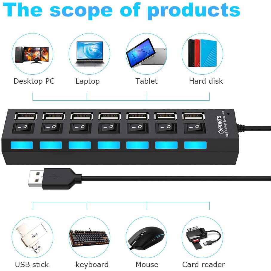 Hub USB 2.0 - BỘ CHIA 7 CỔNG USB HUB 2.0 CÓ CÔNG TẮC Hàng chính hãng