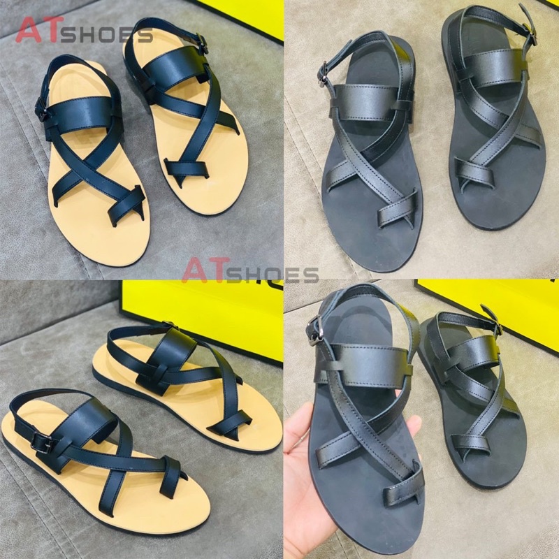 Dép Sandal Unisex cao cấp Da Bò Thật Sandal xỏ ngón nam nữ chuẩn kiểu Hàn Quốc Trẻ Trung Atshoes XDxn203(Đen- đế vàng)