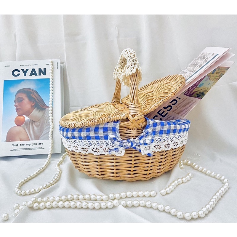 Giỏ Mây Tre Đan Picnic Đựng Đồ Đa Năng Có Tay Cầm Và Nắp Đậy Kèm Lót Ren Nơ Xinh Xắn