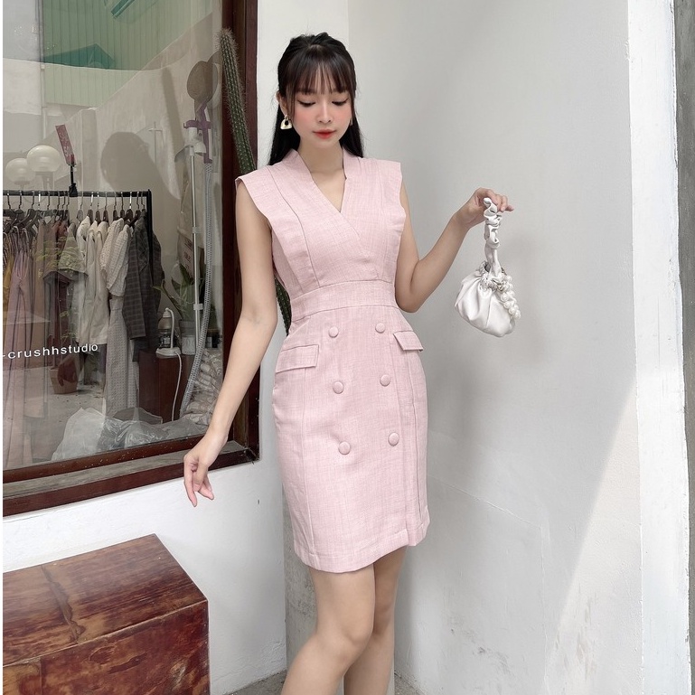Đầm váy công sở cổ V dáng ôm thanh lịch thời trang - 2 màu Hồng/ Sand