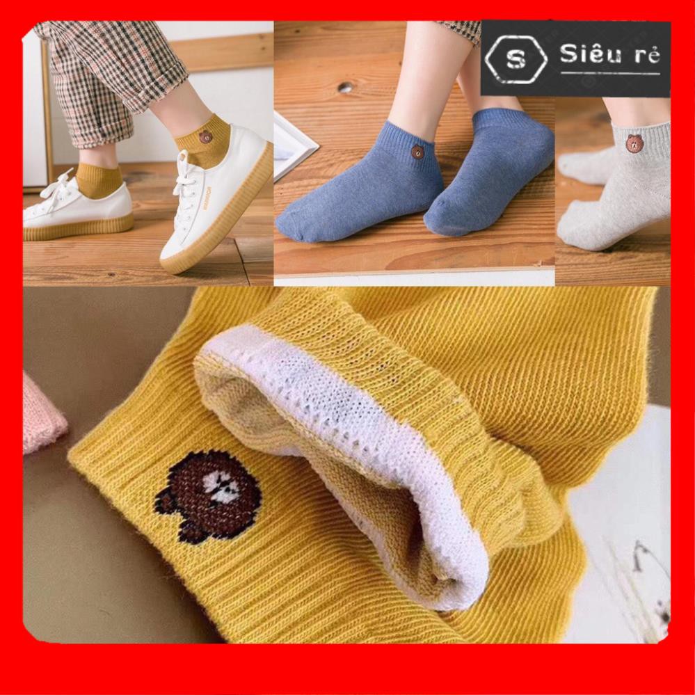 Set 10 Đôi Tất, Vớ Ulzzang Trơn Cổ Ngắn Hình Gấu Brown - Tất Gấu Vớ Gấu trendy Hot Hit (MS3343)