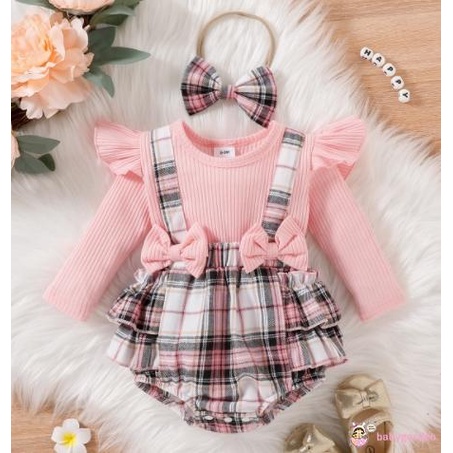 Bộ Áo Liền Quần Tay Dài Phối Bèo Kẻ Sọc Caro Đính Nơ + Băng Đô Cài Tóc Xinh Xắn Cho Bé Gái 0-18 Tháng Tuổi