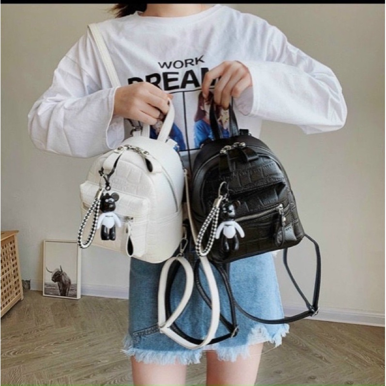 Balo Mini Đi Học Đi Du Lịch, Balo Nữ Kèm Móc Khoá Gấu Dễ Thương