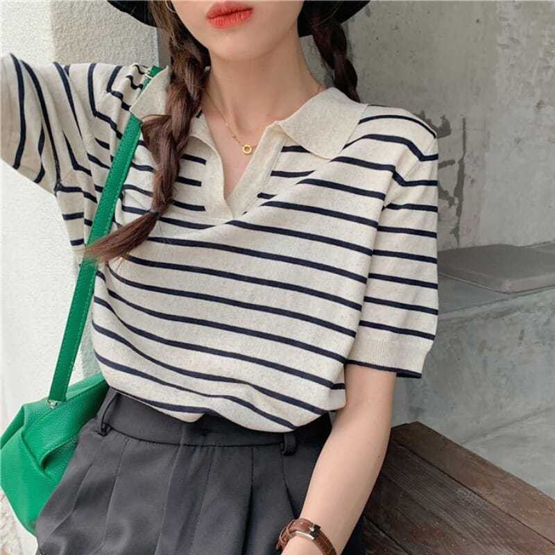 Áo Dệt Kim Tay Ngắn Cổ Chữ V Hoạ Tiết Kẻ Sọc Cho Phái Nữ 38-60kg | BigBuy360 - bigbuy360.vn