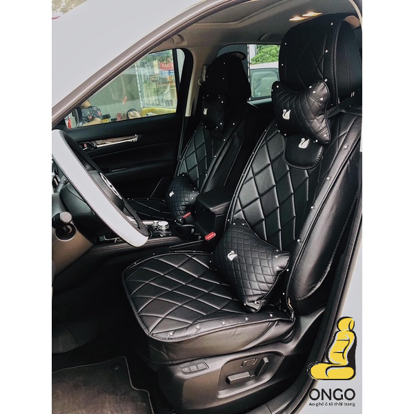 Áo Ghế Ô tô Da Trần Chỉ Trám Logo Thiên Nga/Vương Miện - Tặng Bọc Vô Lăng + Tựa Đầu + Tựa Lưng