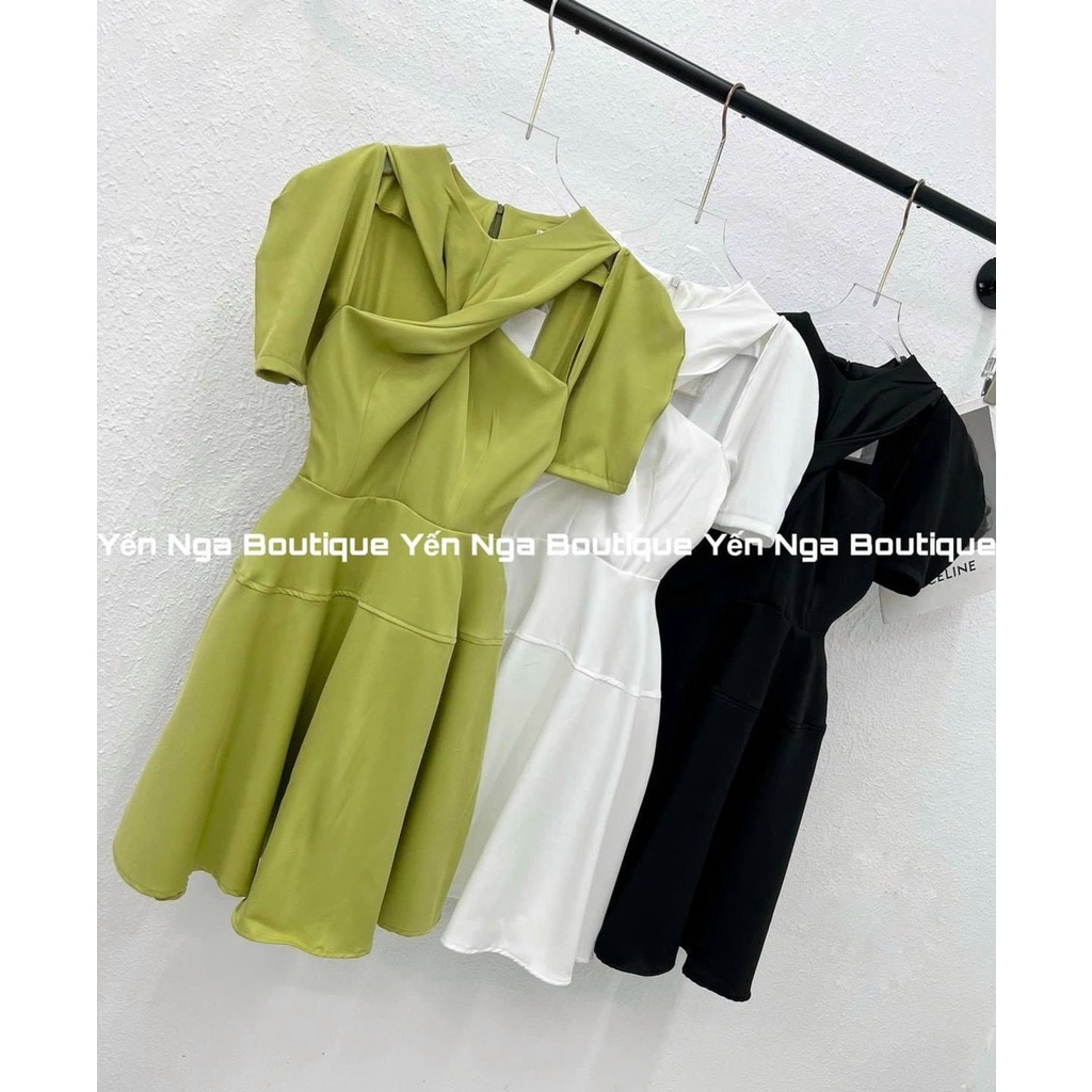 Đầm nữ xòe xoắn ngực tay phồng, đầm dự tiệc cổ đan chéo dáng xòe màu sắc tôn da, sang chảnh