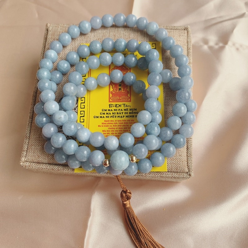 Vòng Tay 108 Hạt Đá Aqua 8 ly hàng đẹp full box Tặng hộp Gấm sang trọng
