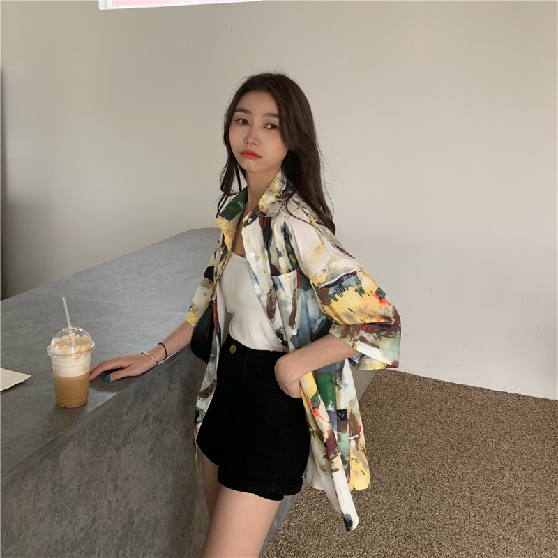Áo Sơ Mi Tay Ngắn Họa Tiết Tranh Sơn Dầu Phong Cách retro Hong Kong Thời Trang Mùa Hè Mới Cho Nữ