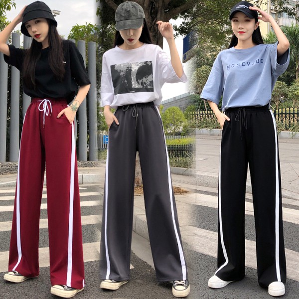 Quần Dài Ống Rộng Kẻ Sọc Lưng Thun Co Giãn Phong Cách Hàn Quốc | BigBuy360 - bigbuy360.vn