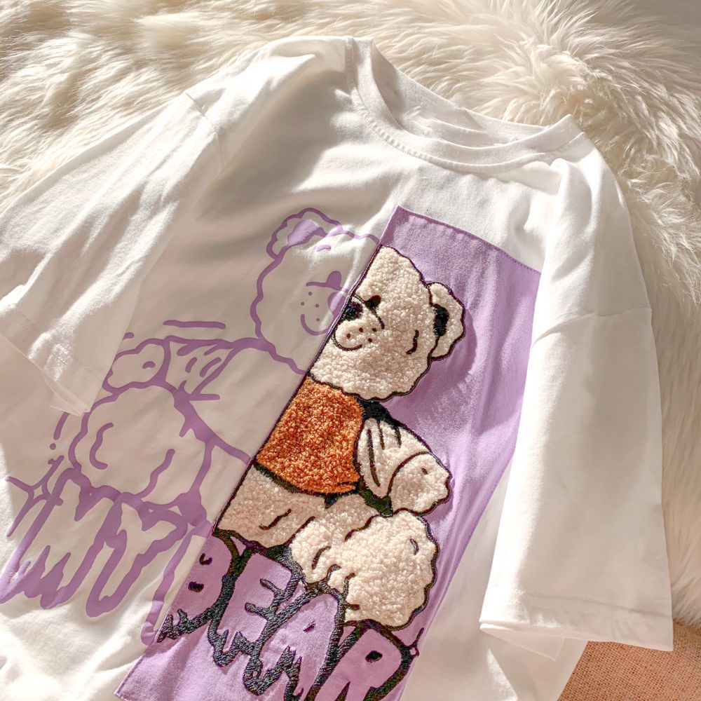 Áo Thun Cotton Dáng Rộng Tay Ngắn In Hình Gấu Dễ Thương Thời Trang Mùa Hè Cho Nữ 2022