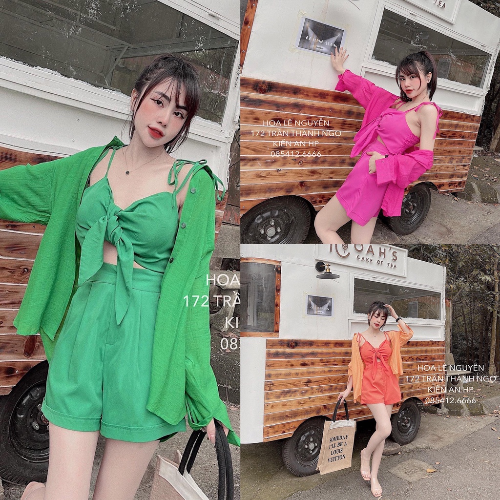 Set 3 món bra nơ ngực áo sơ mi thụng quần short tây siêu chất BN884